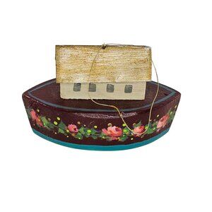 Hand-Painted Wooden Noahs Ark Boat Ornament Signed Ginger 90 Folk Art Christmas